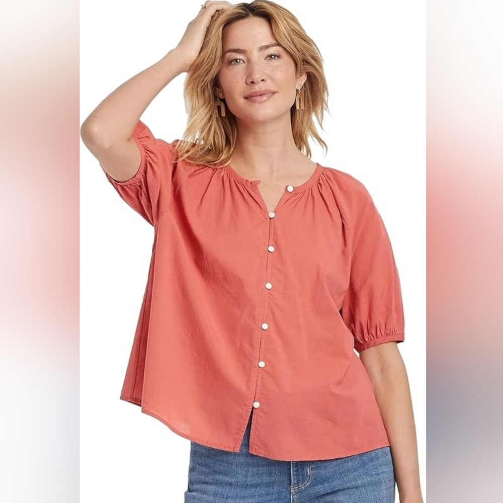 Universal Thread Women's Coral Button-Front Puff Sleeve Top Size XXL